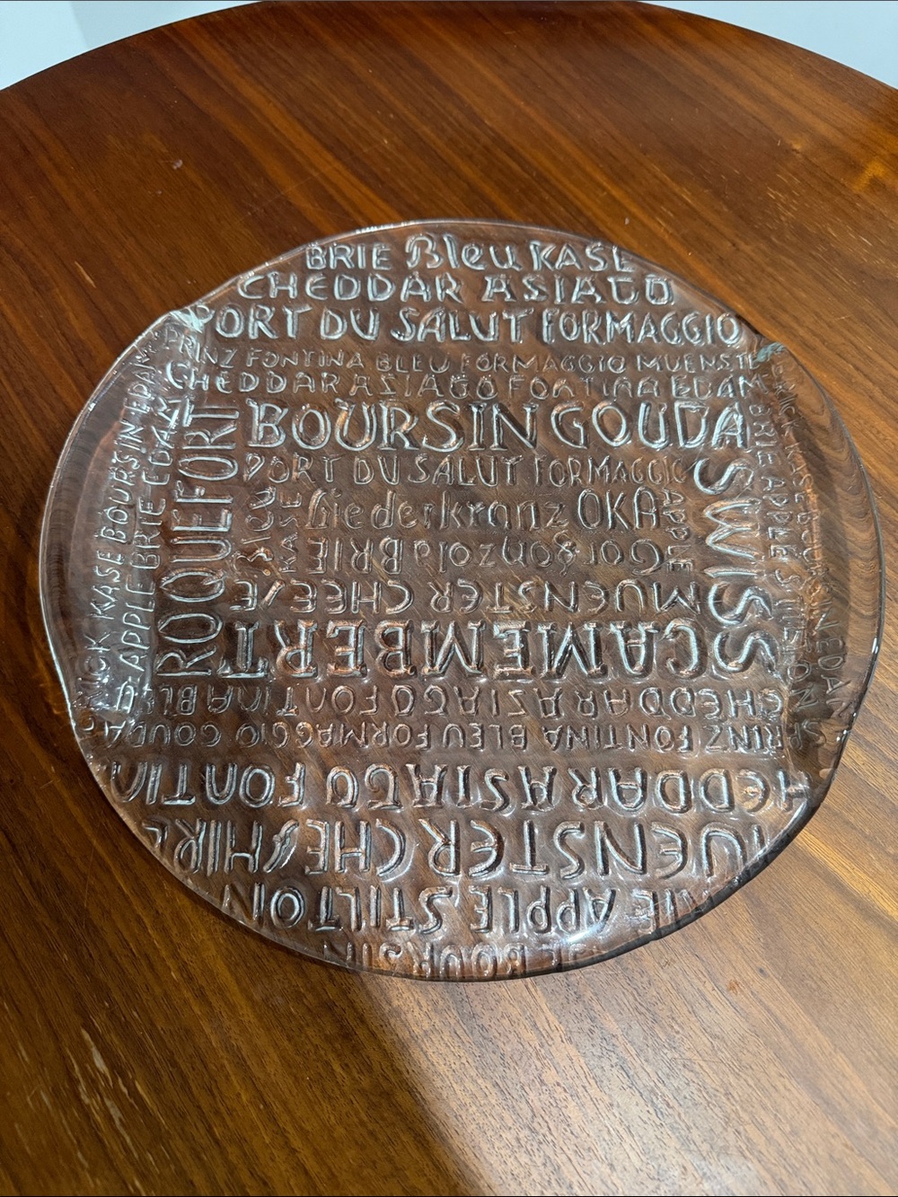 Vintage Glass Cheese Plate with Embossed Typography